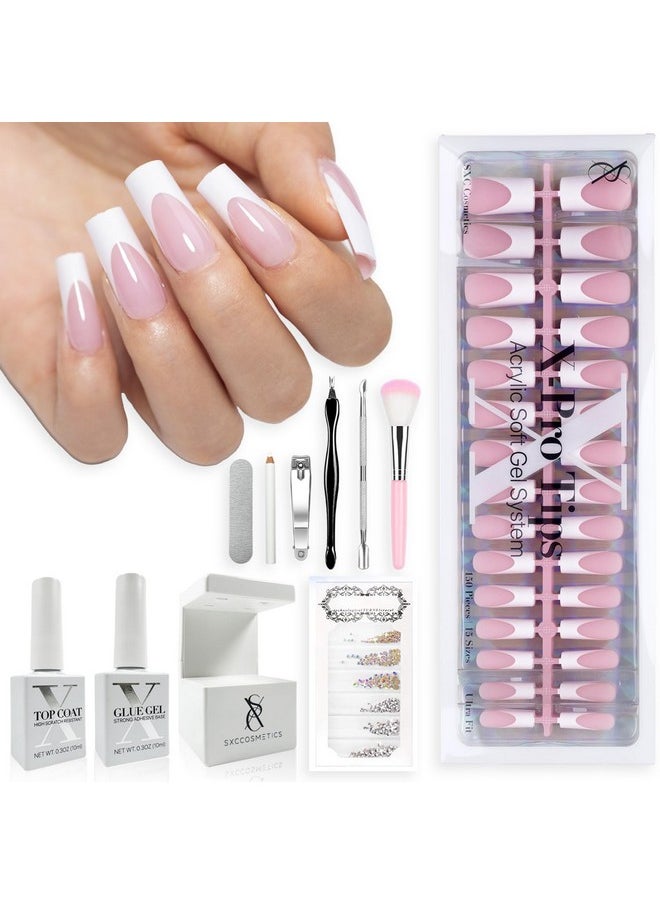 Cosmetics French Tip Press On Nails Pink Series, Medium Square X-Pro Tips Starter Kit