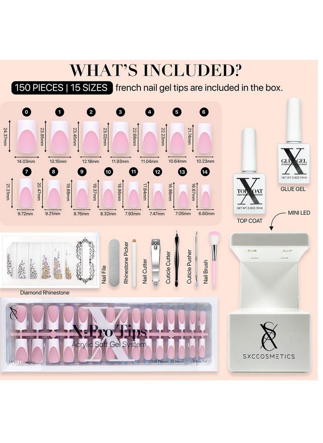 Cosmetics French Tip Press On Nails Pink Series, Medium Square X-Pro Tips Starter Kit