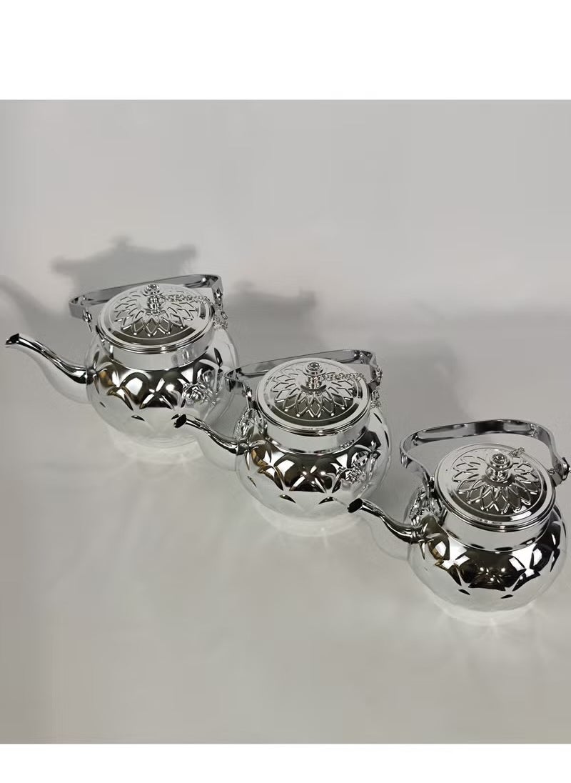 Set of 3 Food Grad Stainless Steel Arabic Style Teapot Luxury Floral Engraved Design Tea Kettle with Attached Lid