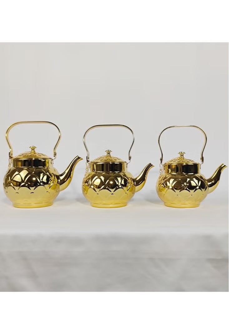 Set of 3 Food Grad Stainless Steel Arabic Style Teapot Luxury Floral Engraved Design Tea Kettle with Attached Lid