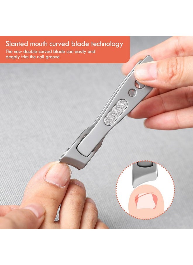 Thick Nail Clipper With Slant Curved Blade - Seniors Toenail Clippers For Thick And Ingrown Nails, Fingernail Clippers With Built-In Nail File And Storage Pouch - Matte Silver