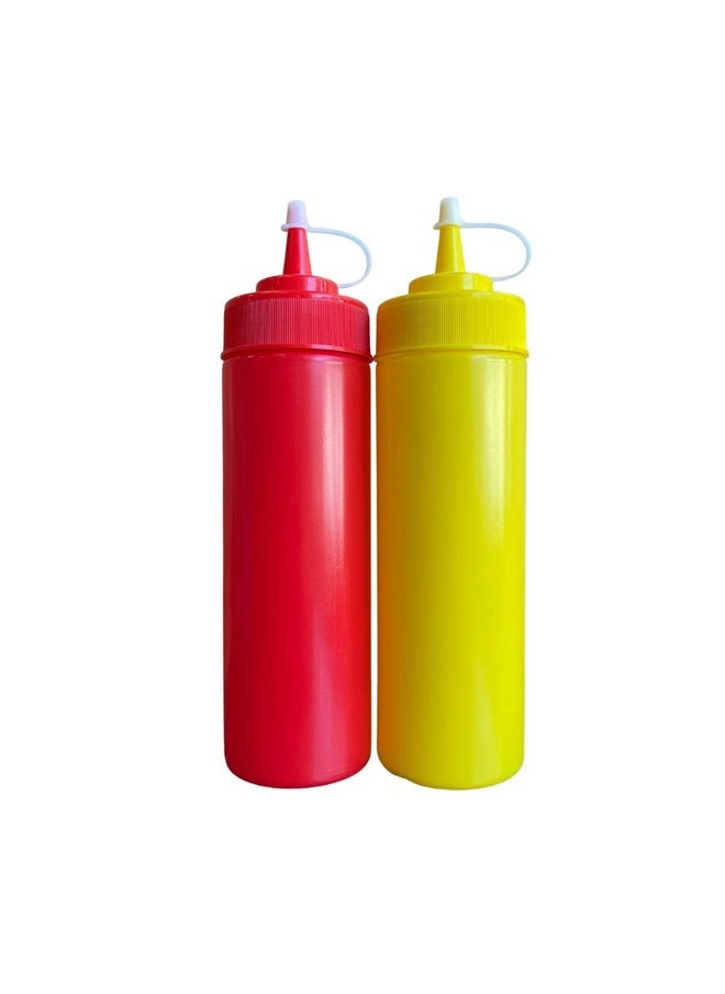 Ketchup And Mustard Squeeze Bottle Dispenser Set 12-Ounce Each For Bbq, Picnics And Home Use - With Caps