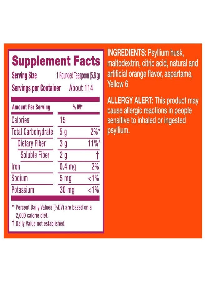 Metamucil 4 in 1 Daily Fiber Supplement Powder, Fiber Powder for Digestive Health and Regularity*, Sugar-Free, Orange, Naturally Sourced Psyllium Fiber, 114 teaspoons