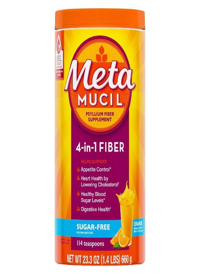 Metamucil 4 in 1 Daily Fiber Supplement Powder, Fiber Powder for Digestive Health and Regularity*, Sugar-Free, Orange, Naturally Sourced Psyllium Fiber, 114 teaspoons