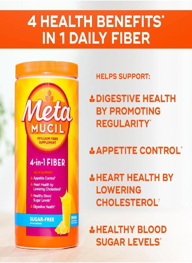 Metamucil 4 in 1 Daily Fiber Supplement Powder, Fiber Powder for Digestive Health and Regularity*, Sugar-Free, Orange, Naturally Sourced Psyllium Fiber, 114 teaspoons