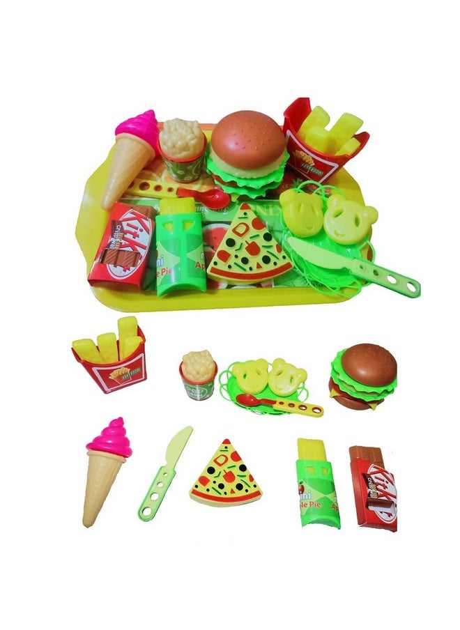 18 Pcs Play Fast Food Set Pretend Play Barger Fries And Ice Cream With Trey Food Toy | Best Gifts Food Playset For Boys Girls Kids- Multicolor 4 Years And Up