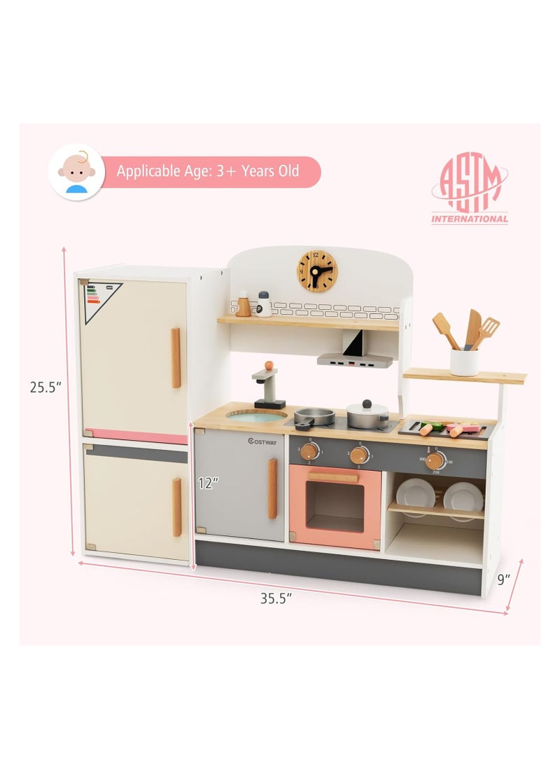 Kids Wooden Kitchen Playset 3-in-1 | Pretend Cooking Toy Set with Refrigerator, BBQ Grill, Range Hood, Bowl Rack | Little Chef Kitchen Set for Toddlers, Gift for Boys & Girls - Natural Finish