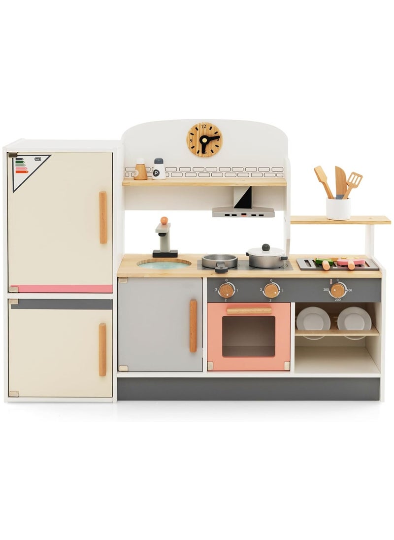 Kids Wooden Kitchen Playset 3-in-1 | Pretend Cooking Toy Set with Refrigerator, BBQ Grill, Range Hood, Bowl Rack | Little Chef Kitchen Set for Toddlers, Gift for Boys & Girls - Natural Finish