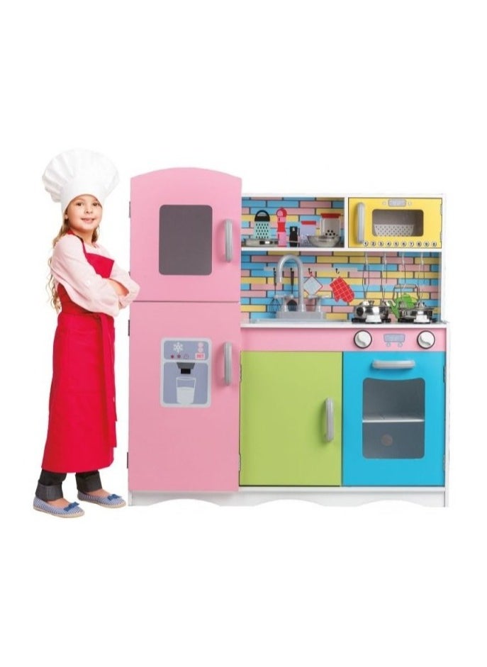 Uptown Pastel Wooden Play Kitchen with Chalkboard, Play Phone & See-Through Doors – Pretend Play Kitchen Set for Kids Ages 3+, Modern Design with Oven, Fridge, and Accessories