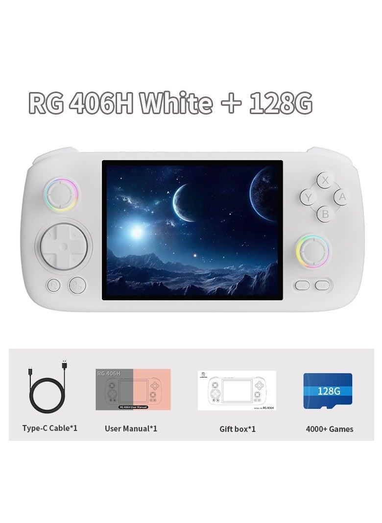 RG406H Retro Handheld Game Console with 4-inch IPS Screen RGB Lighting Handheld Gaming Console with Android 13 System, 5000mAh Battery (White, 128GB)