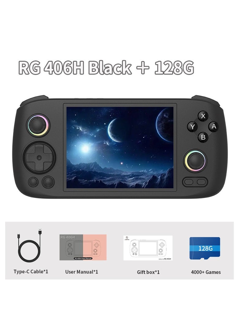 RG406H Retro Handheld Game Console with 4-inch IPS Screen RGB Lighting Handheld Gaming Console with Android 13 System, 5000mAh Battery (Black, 128GB)