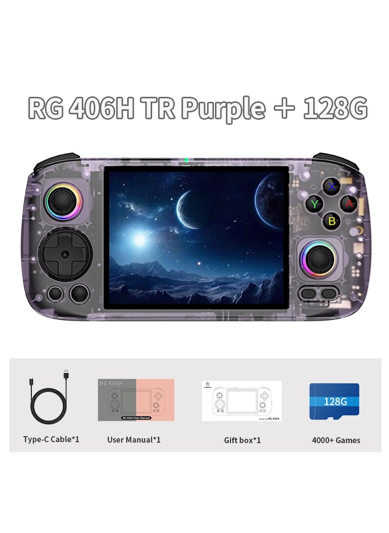 RG406H Retro Handheld Game Console with 4-inch IPS Screen RGB Lighting Handheld Gaming Console with Android 13 System, 5000mAh Battery (Purple, 128GB)