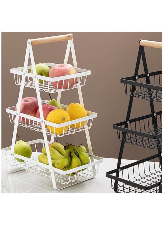 Fruit Basket for Kitchen Countertop 3-Tier Portable Metal Wire Storage Rack with Wooden Handle Detachable Rectangle Basket for Kitchen Organizer Storage Bread Snacks Fruits 3 Layer Black