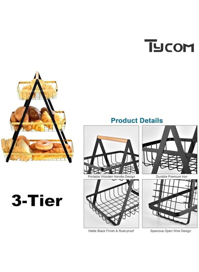 Fruit Basket for Kitchen Countertop 3-Tier Portable Metal Wire Storage Rack with Wooden Handle Detachable Rectangle Basket for Kitchen Organizer Storage Bread Snacks Fruits 3 Layer Black