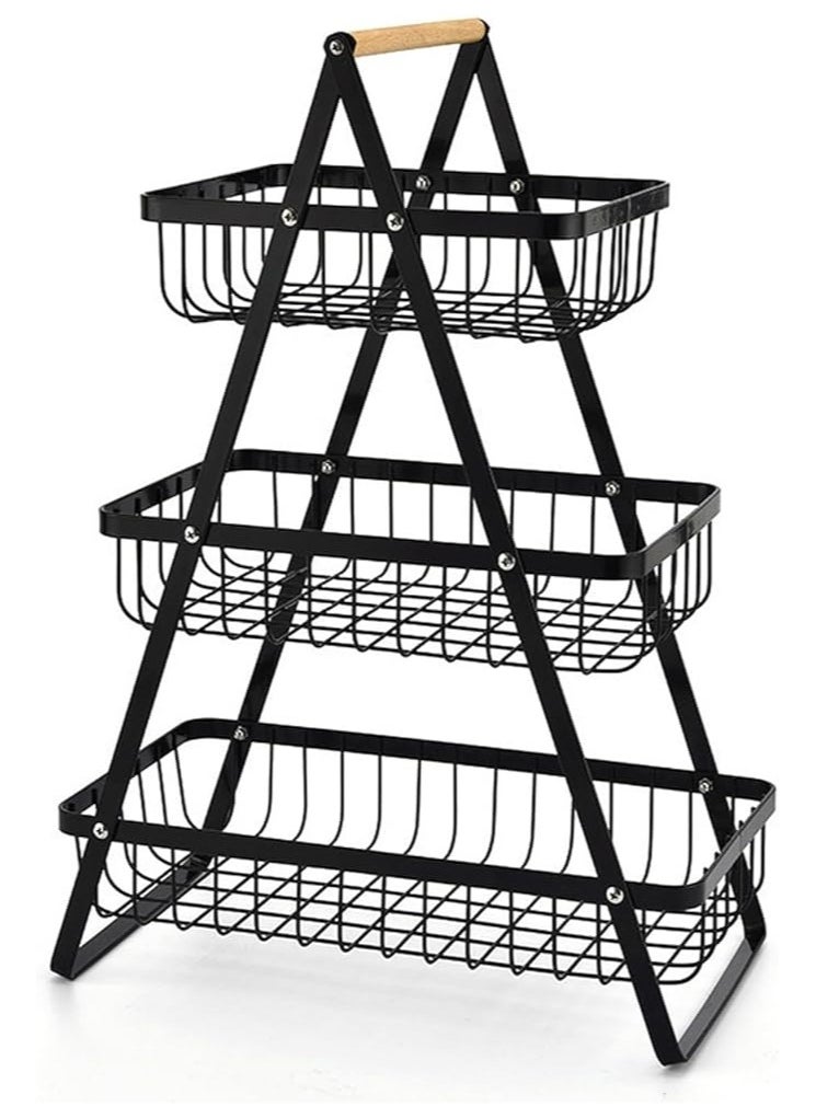 Fruit Basket for Kitchen Countertop 3-Tier Portable Metal Wire Storage Rack with Wooden Handle Detachable Rectangle Basket for Kitchen Organizer Storage Bread Snacks Fruits 3 Layer Black