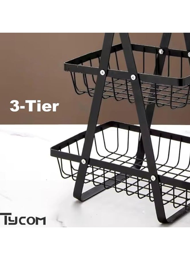 Fruit Basket for Kitchen Countertop 3-Tier Portable Metal Wire Storage Rack with Wooden Handle Detachable Rectangle Basket for Kitchen Organizer Storage Bread Snacks Fruits 3 Layer Black