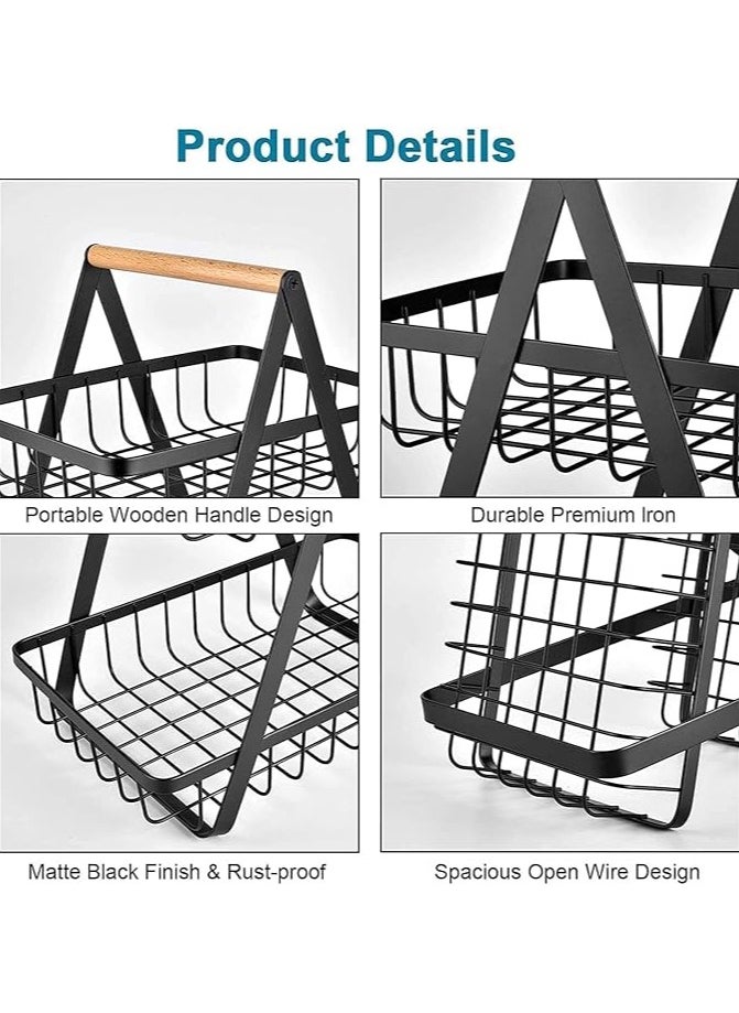 Fruit Basket for Kitchen Countertop 3-Tier Portable Metal Wire Storage Rack with Wooden Handle Detachable Rectangle Basket for Kitchen Organizer Storage Bread Snacks Fruits 3 Layer Black