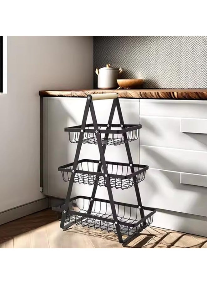 Fruit Basket for Kitchen Countertop 3-Tier Portable Metal Wire Storage Rack with Wooden Handle Detachable Rectangle Basket for Kitchen Organizer Storage Bread Snacks Fruits 3 Layer Black