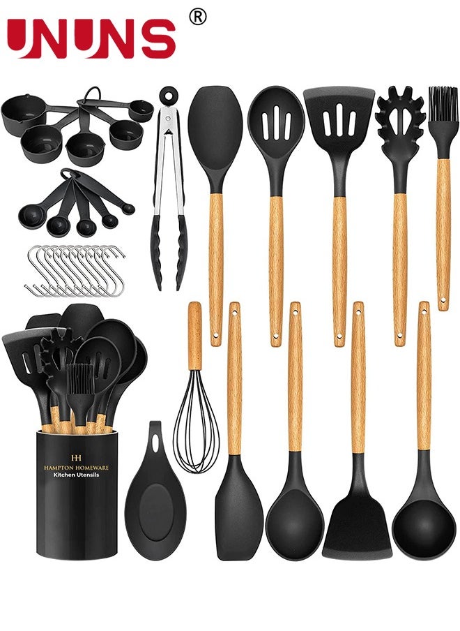 Kitchen Utensils Set,34pcs Non-Stick Silicone Cooking Utensils Set,Heat-Resistant Silicone,Wooden Utensils For Cooking,Kitchen Gadgets Spatula Set,Apartment Essentials Kitchen Set