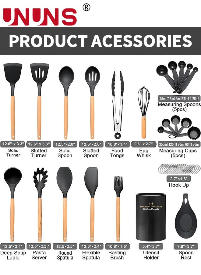 Kitchen Utensils Set,34pcs Non-Stick Silicone Cooking Utensils Set,Heat-Resistant Silicone,Wooden Utensils For Cooking,Kitchen Gadgets Spatula Set,Apartment Essentials Kitchen Set