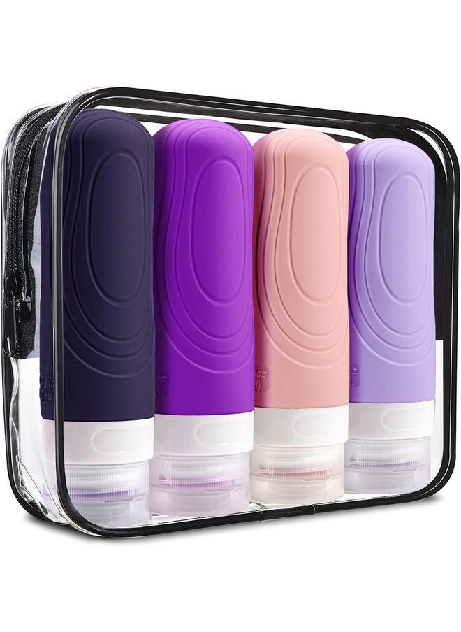 Travel Bottles For Toiletries Tsa Approved, 3Oz Size Leak Proof Silicone Travel Containers For Shampoo, Lotion,Easy To Squeeze Portable, Essentials For Traveling (4 Pack) Purple