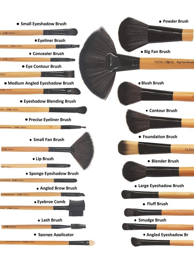 24 Piece Professional Synthetic Makeup Brush Set With Storage Pouch (Bamboo). Cruelty Free Vegan Brushes Kabuki Foundation, Eye Shadow Blending, Face Pack Contouring, Highlighting