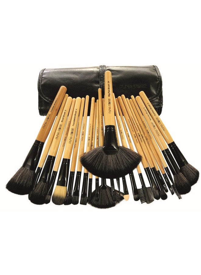 24 Piece Professional Synthetic Makeup Brush Set With Storage Pouch (Bamboo). Cruelty Free Vegan Brushes Kabuki Foundation, Eye Shadow Blending, Face Pack Contouring, Highlighting