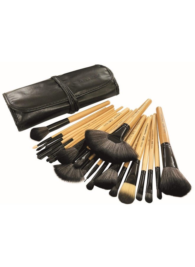 24 Piece Professional Synthetic Makeup Brush Set With Storage Pouch (Bamboo). Cruelty Free Vegan Brushes Kabuki Foundation, Eye Shadow Blending, Face Pack Contouring, Highlighting