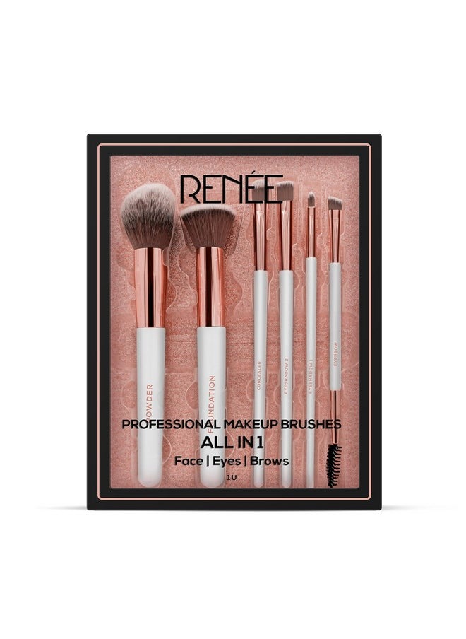 All In 1 Professional Makeup Brush Set Of 6, Premium Easy To Hold & Precise Application For Face, Eyes & Brows | Cruelty Free & Uniquely Designed Super Soft Bristles For Unparalleled Precision