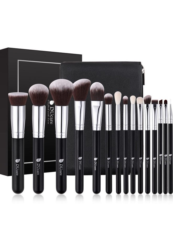 Premium Synthetic Kabuki Foundation Eyeshadow Makeup Brushes With Cosmetic Bag Set (Black), 15 Pcs