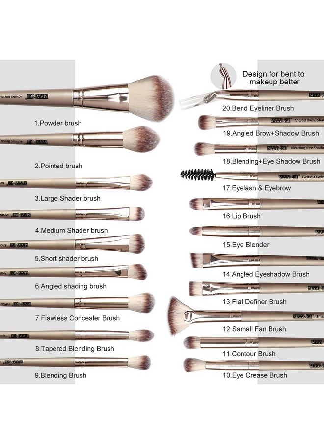 20 Pcs Professional Makeup Brushes Foundation Eyeshadow Blush Brush,Travel Kabuki Blending Concealers Face Powder Eye Make Up Brushes Set Kit (Champagne)