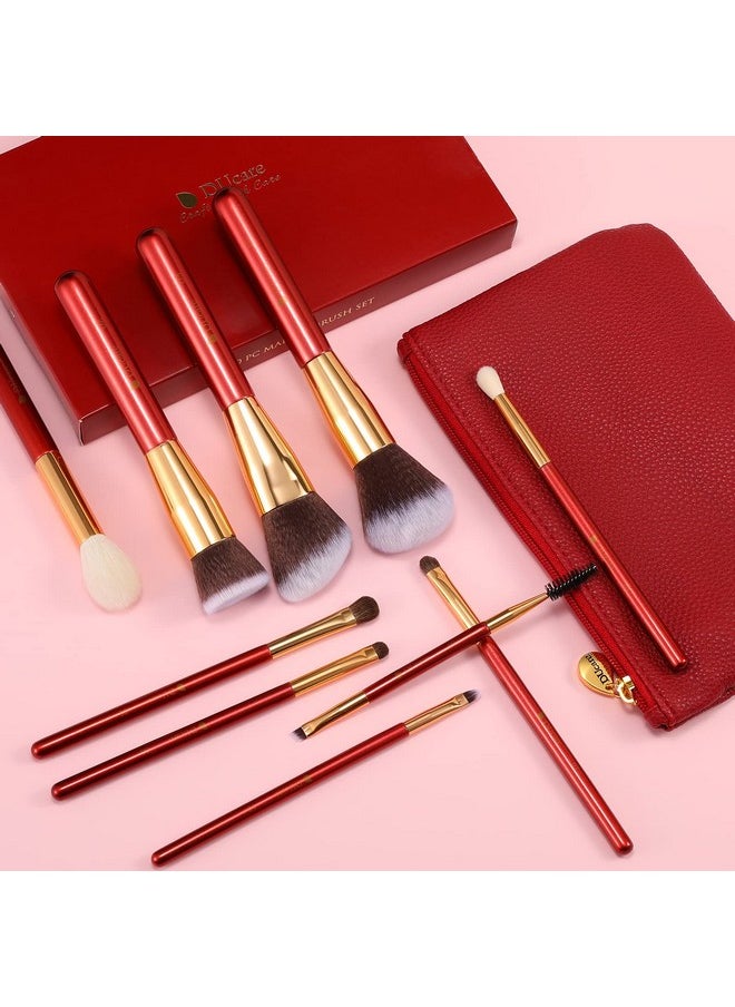 Makeup Brushes Red 10 Piece Makeup Brush Set With Case Premium Synthetic Hairs Kabuki Foundation Blending Eye Cosmetic Brushes Kit