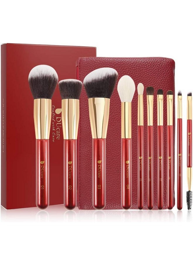 Makeup Brushes Red 10 Piece Makeup Brush Set With Case Premium Synthetic Hairs Kabuki Foundation Blending Eye Cosmetic Brushes Kit