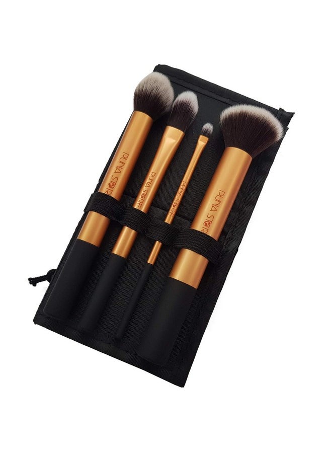 Synthetic Bristle Makeup Brush Set With Storage Pouch - Bronze, 4 Pieces, Pnrt4