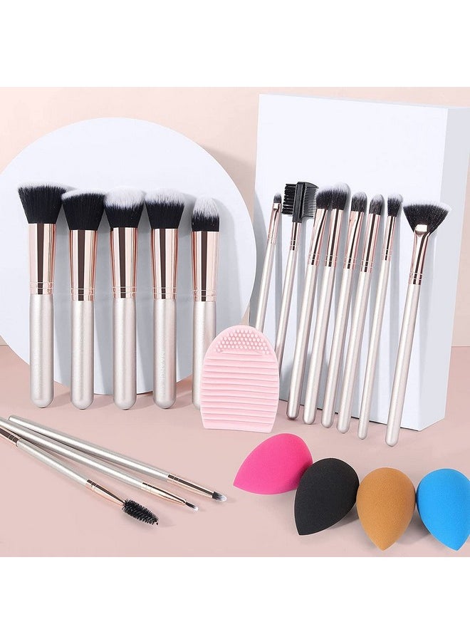 Makeup Brushes 16 Pcs With Makeup Sponges 4 Pcs And 1 Brush Cleaner Kabuki Foundation Brush For Liquid Eye Make Up Brush (Champagne Gold)