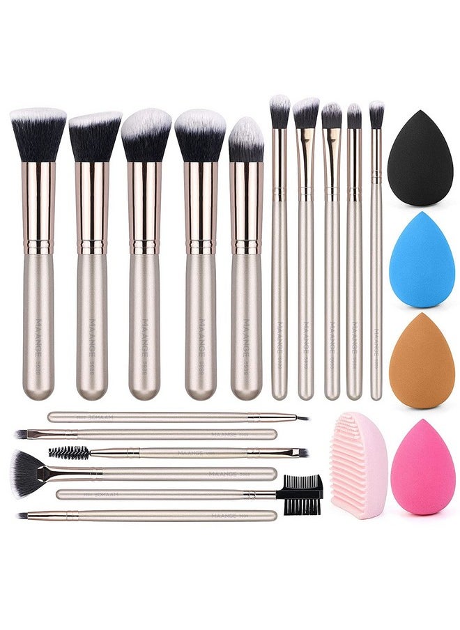 Makeup Brushes 16 Pcs With Makeup Sponges 4 Pcs And 1 Brush Cleaner Kabuki Foundation Brush For Liquid Eye Make Up Brush (Champagne Gold)