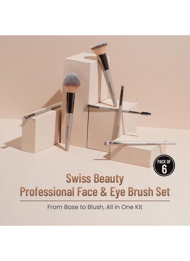 Professional Face & Eye Brush Set Of 6 With Synthetic Fibres And Easy Blending For Cream, Liquid & Powder Formulation