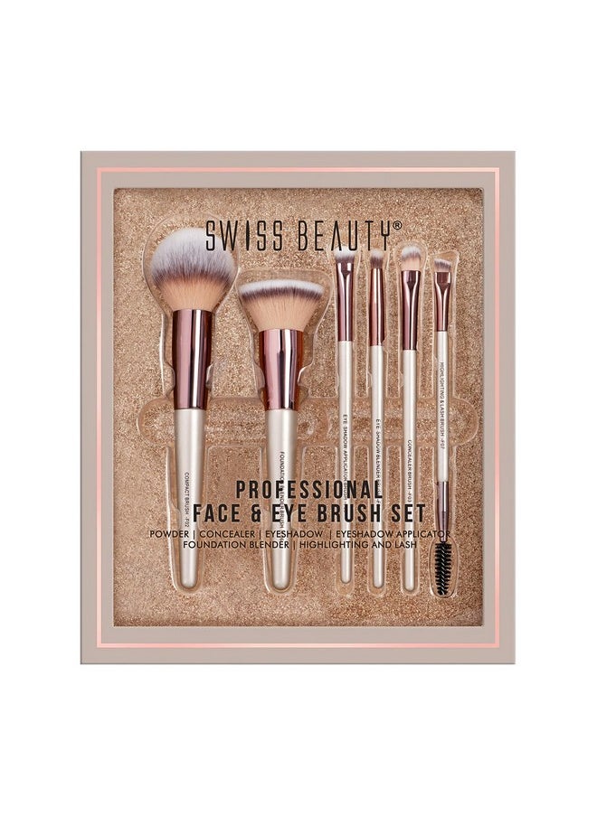 Professional Face & Eye Brush Set Of 6 With Synthetic Fibres And Easy Blending For Cream, Liquid & Powder Formulation