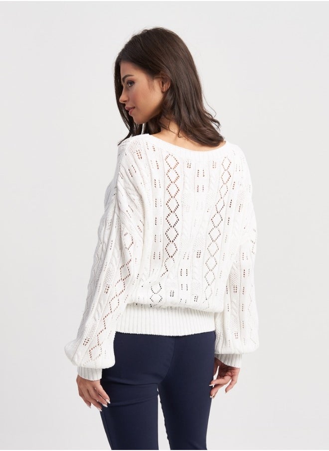 White Knitted Sweater with Openwork Design