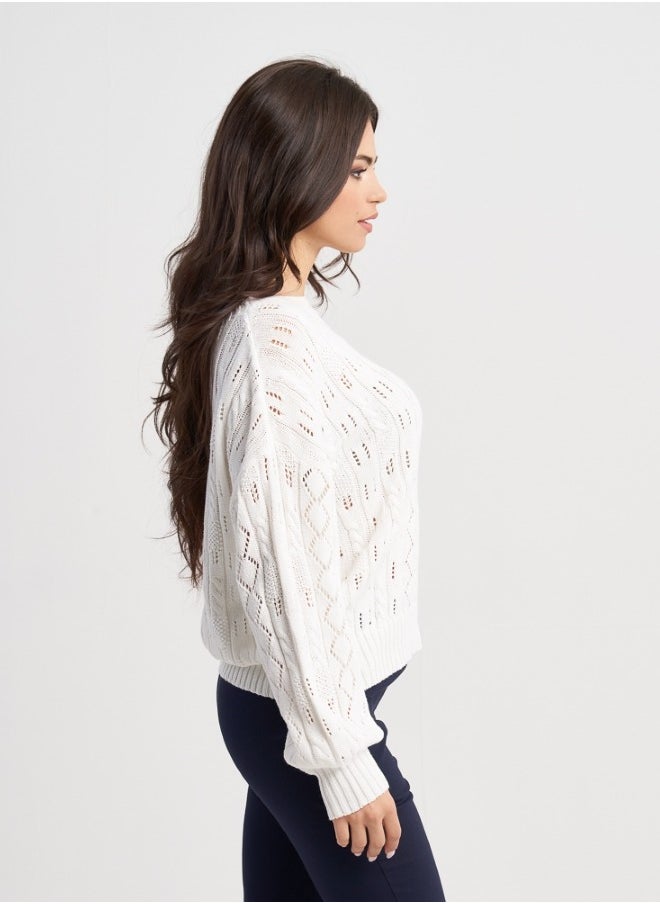 White Knitted Sweater with Openwork Design