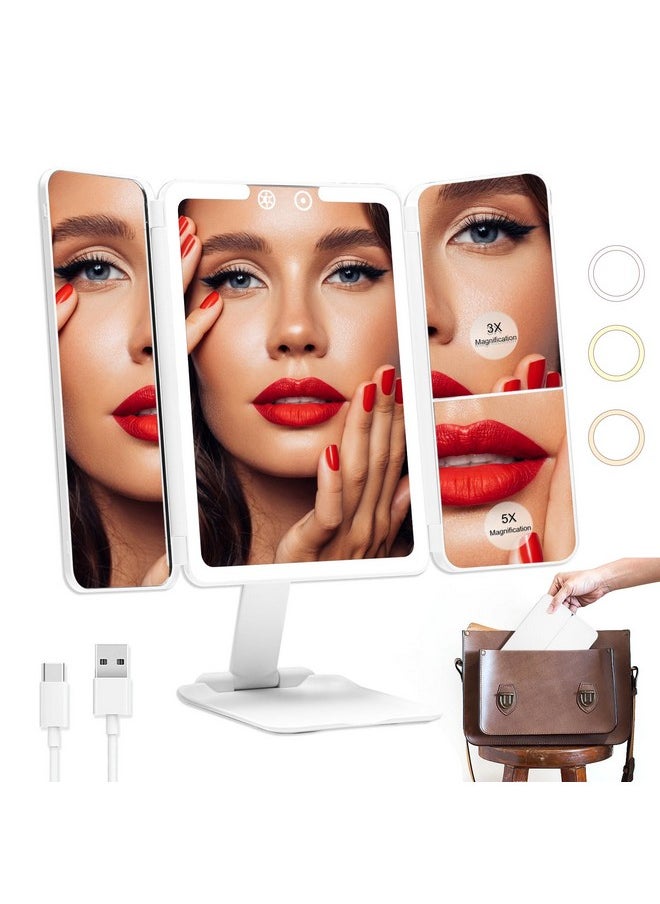 Travel Makeup Mirror With Lights, 1X/3X/5X Trifold Lighted Makeup Mirror With Magnification, Vanity Mirror With Lights, Led Portable Mirror For Desk With 3 Color Lights And Touch Sensor Design