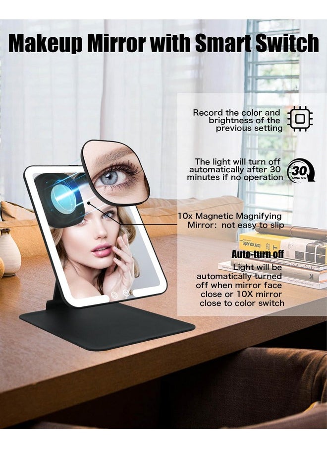 Travel Makeup Mirror With Light, 8.3* 6.1In Portable Travel Lighted Makeup Mirror With 10X Magnifying Mirror, Foldable Stand & Angle Touch Screen Portable Led Mirror With 3 Lighting Colors, Ultra Thin