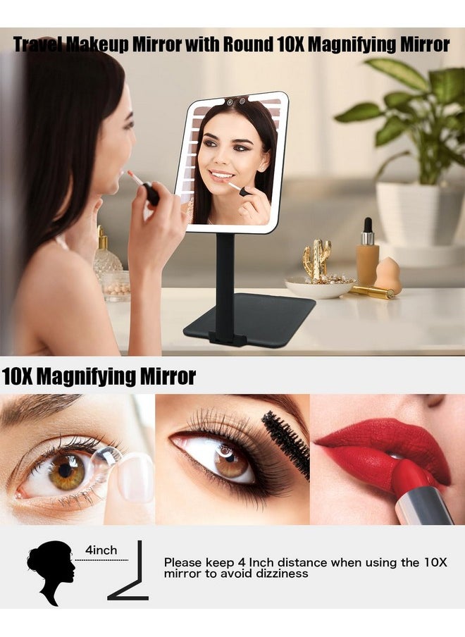 Travel Makeup Mirror With Light, 8.3* 6.1In Portable Travel Lighted Makeup Mirror With 10X Magnifying Mirror, Foldable Stand & Angle Touch Screen Portable Led Mirror With 3 Lighting Colors, Ultra Thin