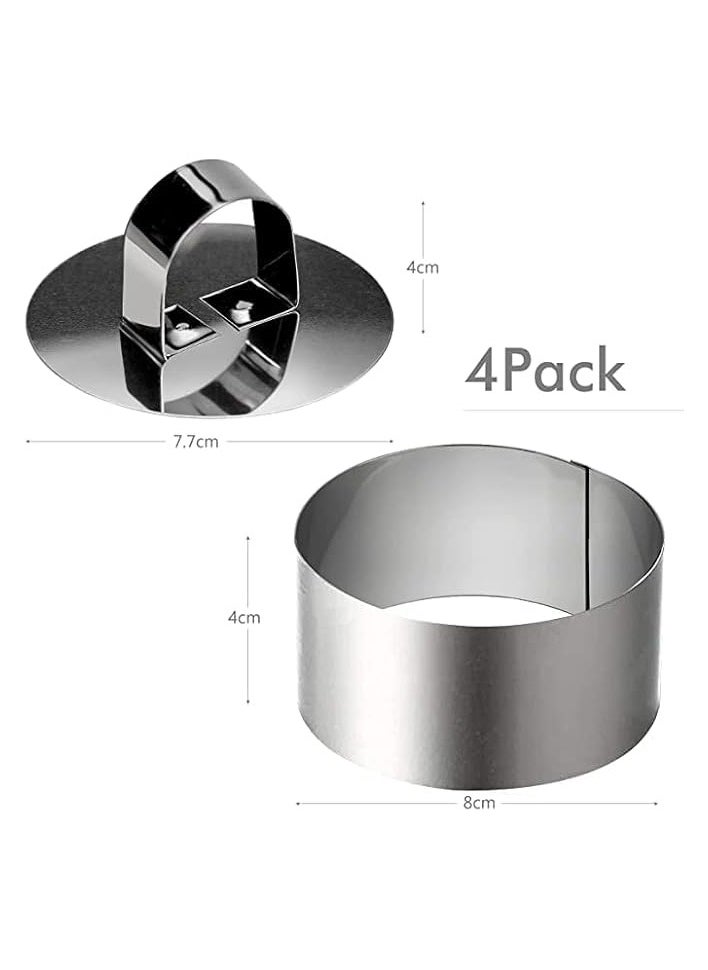 4 Pack Cooking Rings included 4 Pusher and 2 Lifter, Stainless Steel Adjustable Baking Rings, Display Mold Rings for Cake Mousse Bark Muffins Pastry Dessert in Home Kitchen Food Maker