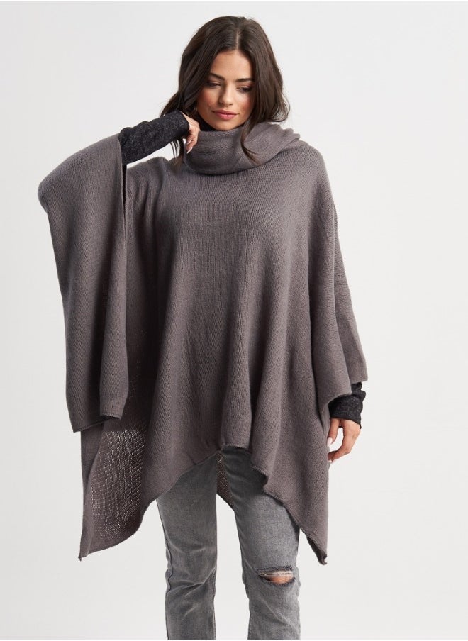 Cozy Gray Knit Poncho with Cowl Neck