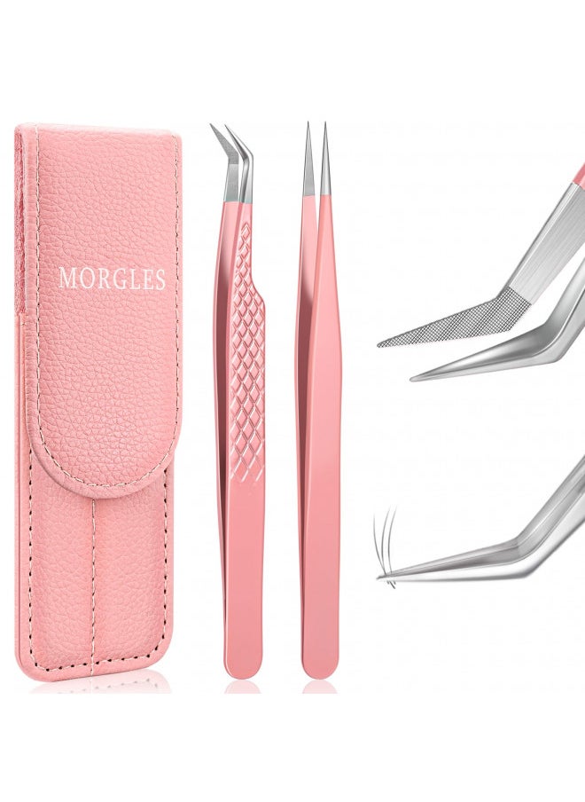 MORGLES Lash Extension Tweezers, Fiber Tip Tweezers for Eyelash Extensions for Volume Lashes with Bag, Stainless Steel