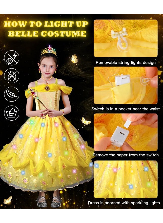 Princess Dress Up For Girls, Belle Costume Dress Light Up With Accessories For Birthday Party Cosplay Halloween Carnival