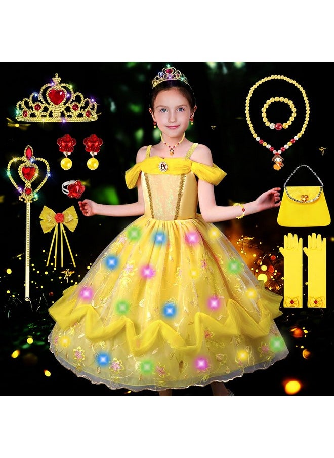 Princess Dress Up For Girls, Belle Costume Dress Light Up With Accessories For Birthday Party Cosplay Halloween Carnival