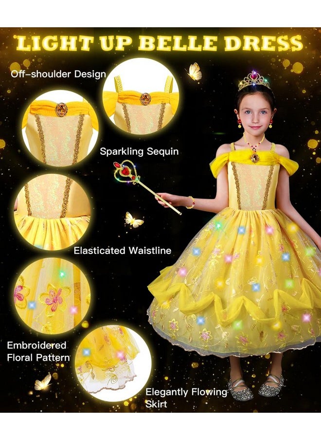 Princess Dress Up For Girls, Belle Costume Dress Light Up With Accessories For Birthday Party Cosplay Halloween Carnival