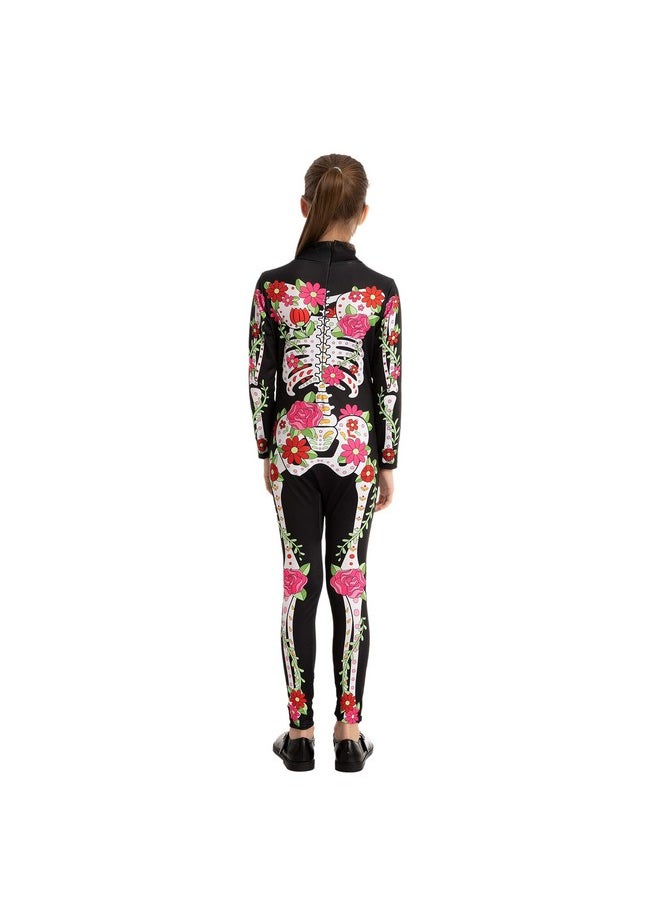 Girls Skeleton Floral Halloween Costume Jumpsuit For Kids Halloween Dress Up-Xl(12-14Yr)